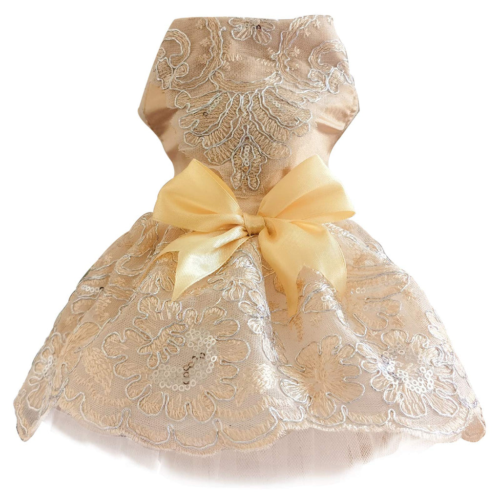 HACRAHO Dog Dress, 1 Piece Dog Lace Wedding Dresses Puppy Bowknot Embroidery Dress with Sequins for Small Puppy Dogs, Champagne, Chest Girth 16.54" L - PawsPlanet Australia