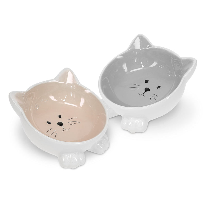 Navaris 2 x Ceramic Cat Bowls - Twin Pack of Cat Feeding Dishes with Anti Slip Silicone Feet - Grey and Beige Cat Shaped Food and Water Bowls for Cats - PawsPlanet Australia