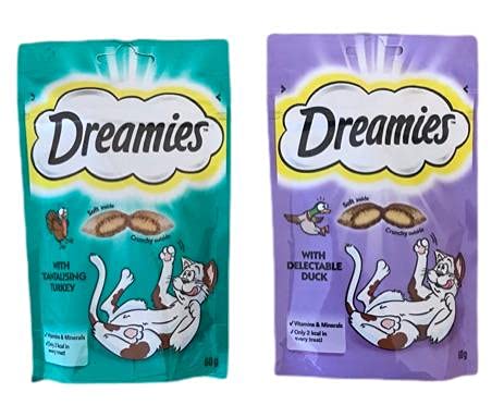 Dreamies Cat Treats Mix Bundle - 2 Flavours - Delectable Duck 60g and Tantalising Turkey 60g (one of each) - PawsPlanet Australia