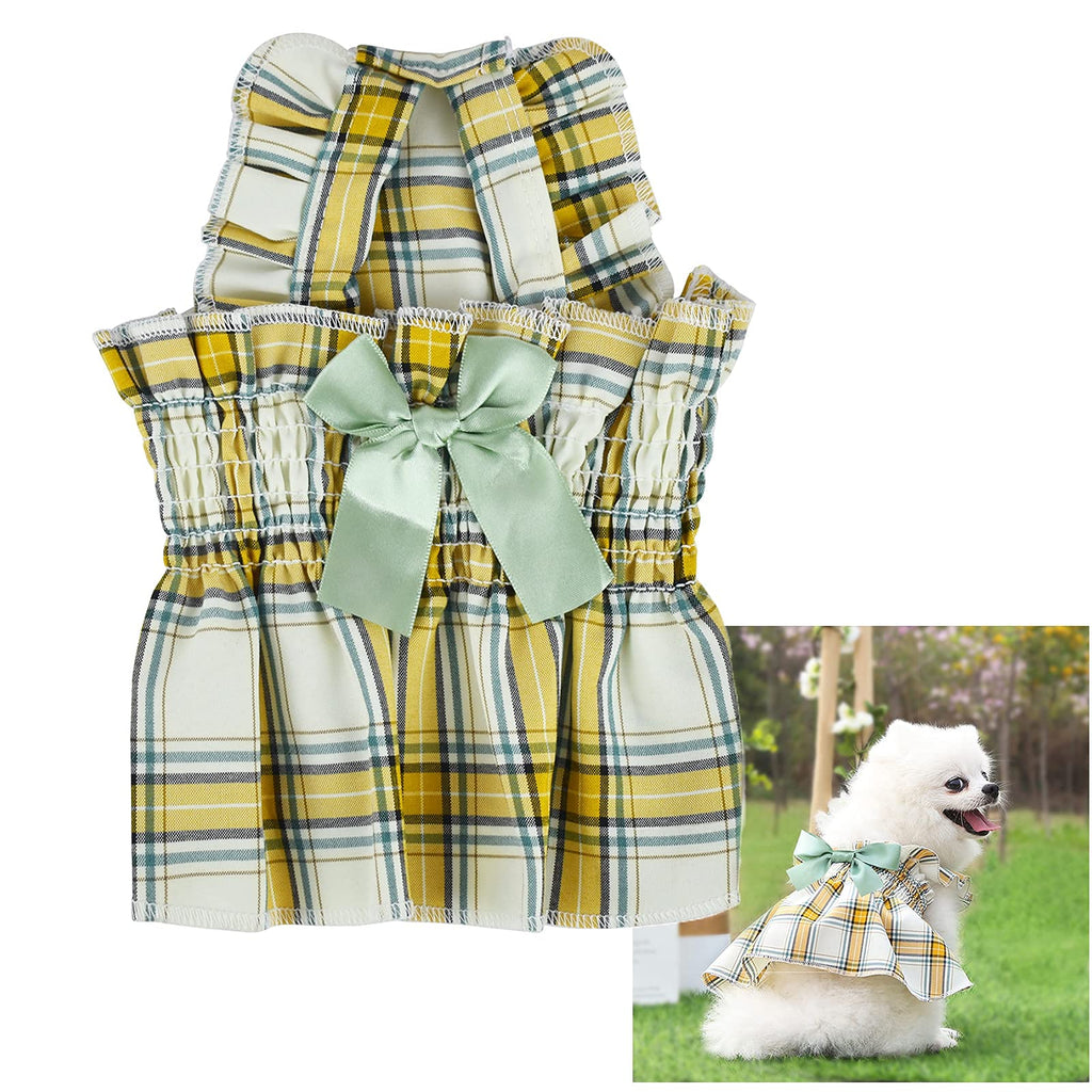 Pet Cute Lattice Bow Small Dog Dress for Girl Boy Doggy Cats Rabbit Fancy Tutu Adorable Princess Petite Vest Doggie Bowknot Dresses for Dogs Pomeranian Chihuahua Skirt Puppy Supplies(Green&Yellow, M) - PawsPlanet Australia