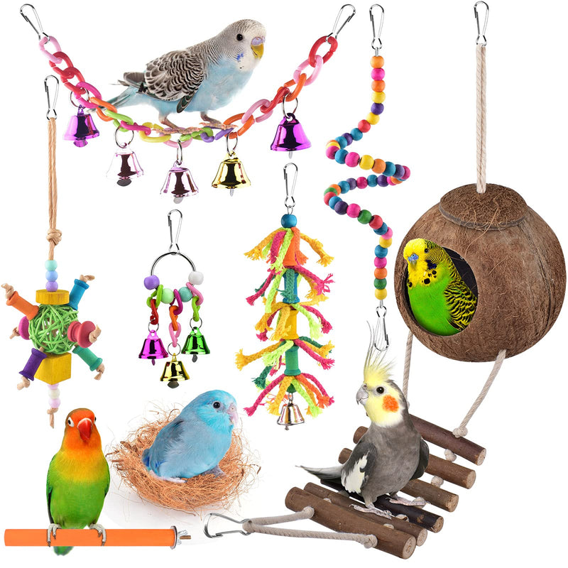 ERKOON Bird Parrot Toys, Hanging Natural Wooden Coconut Perch Birds House with Ladder, Stand Chewing Bell Pet Birds Cage Toy accessories Suitable for Parakeet, Conure, Cockatiel, Mynah?8 Pack? - PawsPlanet Australia