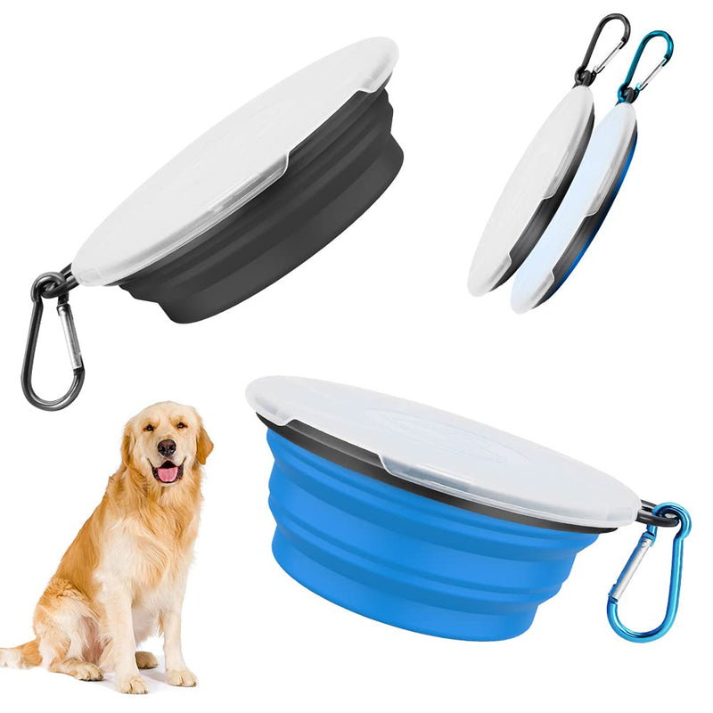 Dog Bowls, Foldable Travel Bowl, Pack of 2, Feeding Dog Bowls with Lid and Hook, Leak-Proof Dog Bowl, Portable Silicone Drinking Bowl for Cats, Dogs Hiking and Camping (Green & Blue) (M, black blue) M - PawsPlanet Australia