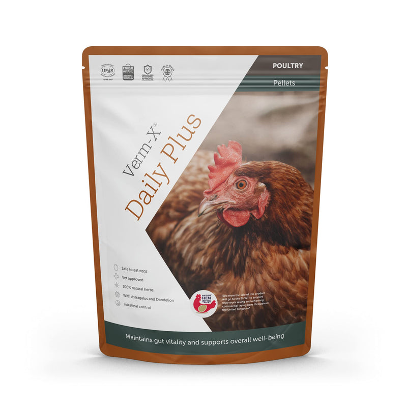 Verm-X Daily Plus 100% Natural Pellets for Poultry. With Dandelion and Astragalus. Supports Intestinal Hygiene, Liver and Kidney Function and Immune System. Contains Prebiotic. Wormwood Free. - PawsPlanet Australia