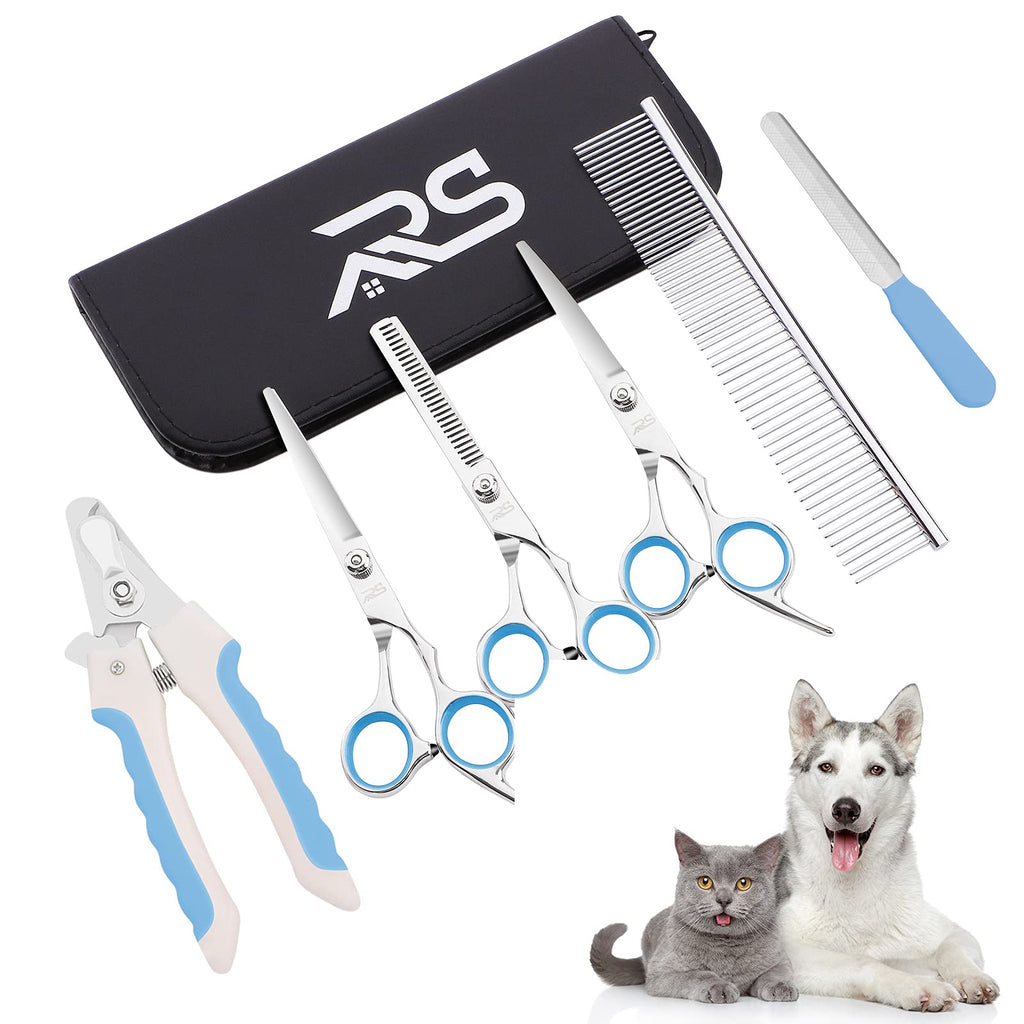 Ruisita 7 Piece Dog Cat Grooming Scissors Kit Pet Grooming Scissors Set Dog Hair Scissors Dog Nail Clippers Nail File Pet Comb Stainless Steel Pet Trimmer Kit with Storage Bag, Blue - PawsPlanet Australia