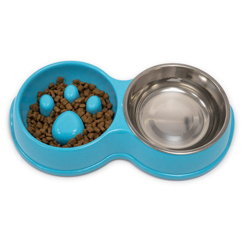 Fur & Bone Double Slow Feeder Dog Bowl for Cat Dog and Puppy - Interactive Feeder Slow Down Feed Pets Twin Feeding Bowl with Stainless Steel Detachable Dish and Non-Slip Bottom (Blue) Blue - PawsPlanet Australia