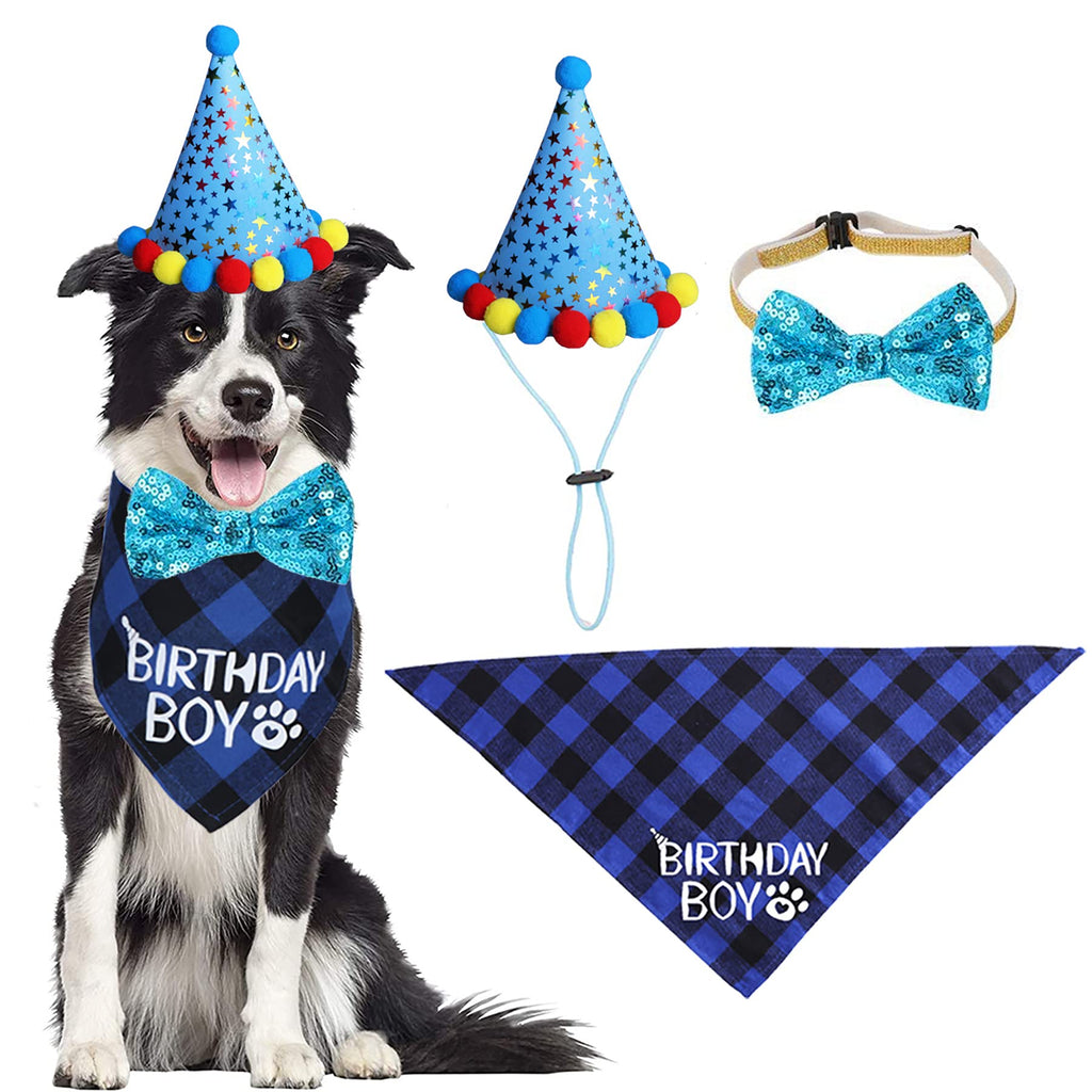 STMK Dog Birthday Party Supplies, Dog Birthday Bandana Boy Girl and Dog Birthday Party Hat with Dog Bow Tie Collar for Medium Large Dogs (Blue, Large) Blue L - PawsPlanet Australia