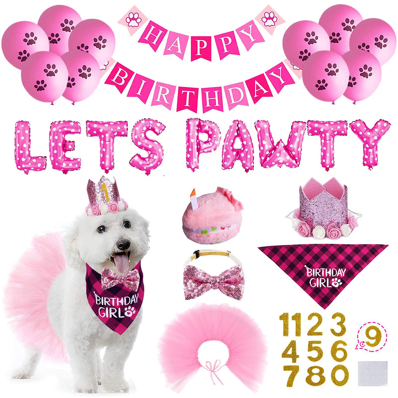 STMK Dog Birthday Outfit, Dog Birthday Bandana Girl with Dog Birthday Number Hat Bowtie Tutu Skirt Cake Toy Lets Pawty Paw Balloons Dog Happy Birthday Banner for Dog Puppy Birthday Party Supplies - PawsPlanet Australia