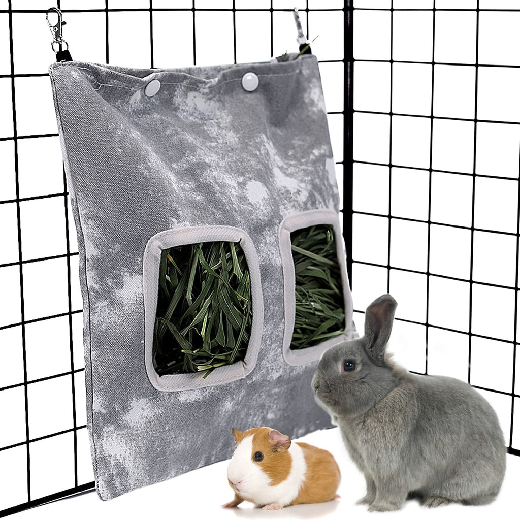 LeerKing Rabbit Hay Bag Hay Holder Bag with Feeding Holes Hay Feeder Storage Canvas Hay Pouch Feeder Bag for Rabbit Guinea Pig and other Small Hay-eating Pets Gray - PawsPlanet Australia