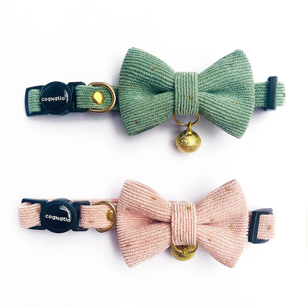 Cognatio Safety Quick Release Cat Collars, Soft Kitten Collars with Detachable Bow Tie and Bell, Pack of 2, Adjustable 20-30 cm (20-30 cm, Green+Pink) - PawsPlanet Australia