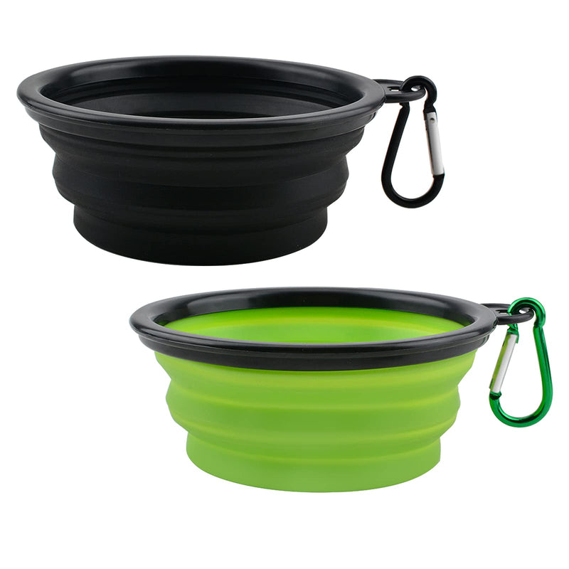 HACRAHO Collapsible Dog Bowls, 2 PCS Portable Dog Water Travel Bowls with Lids Foldable Silicone Dog Bowls with 2 Carabiners for Travel Hiking Walking, Green and Black, M - PawsPlanet Australia