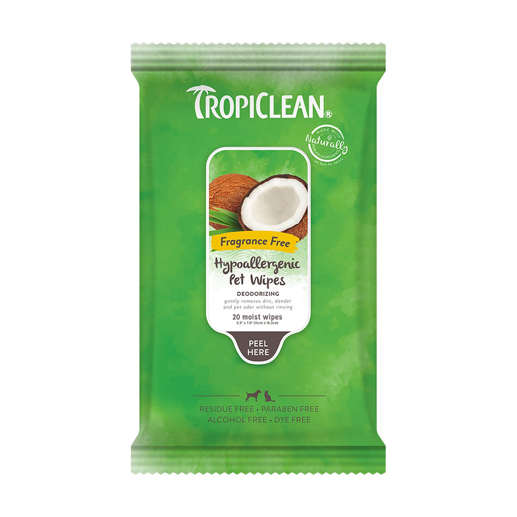 TropiClean Dog Wipes Grooming - Hypoallergenic Cleaning & Deoderising Wipes for Dogs, Cats, Puppies & Kittens with Allergies & Sensitive Skin - Removes Dirt, Dander & Odor, Fragrance Free, 20ct - PawsPlanet Australia