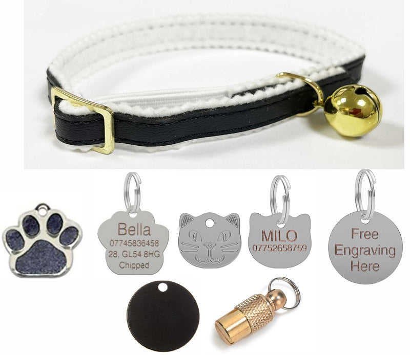 Cat / Kitten Leather Collar with Safety Elastic, Bell with Optional Personalised Tag (Black, 22mm Anodised Tag) Black - PawsPlanet Australia