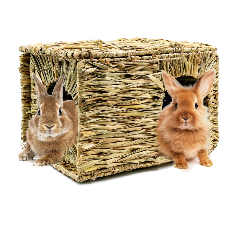 HYLYUN Extra Large Grass House for Rabbits - Hand Crafted Natural Grass Hideaway Foldable Bed Hut with Openings Playhouse for Bunny Guinea Pig Chinchilla Ferret for Play and Sleep - PawsPlanet Australia