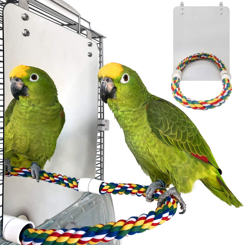 HYLYUN 7 Inch Bird Mirror with Rope Perch Cockatiel Mirror for Cage Bird Toys Swing Parrot Cage Toys for Parakeet Cockatoo Cockatiel Conure Lovebirds Finch Canaries - PawsPlanet Australia