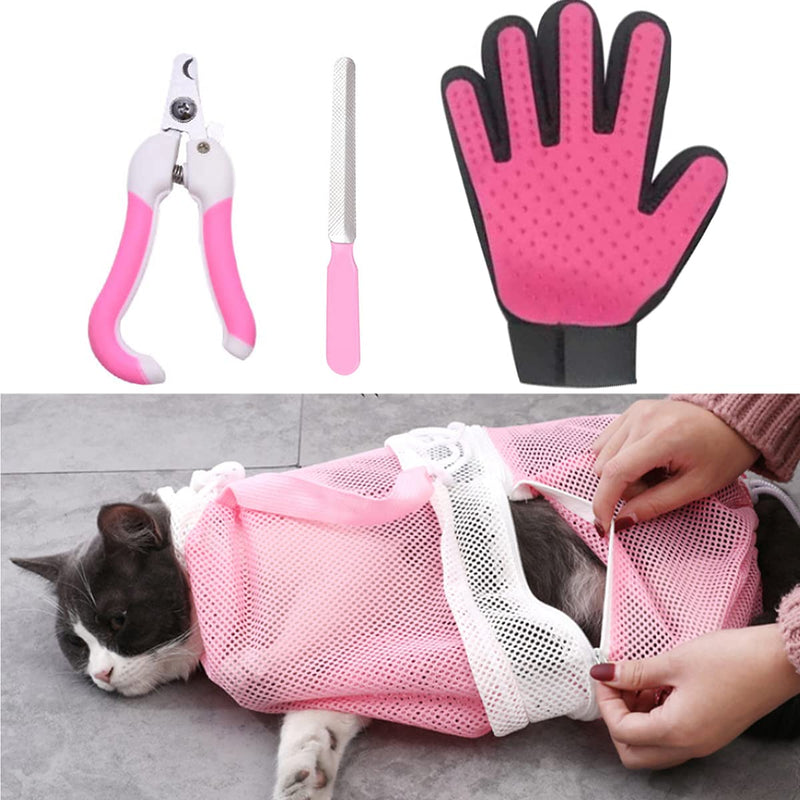 Cat Bathing Bag, 1Piece Cat Shower Net Bag Durable Anti-Bite and Anti-Scratch Restraint for Cat Nail Trimming Injection Medicine Taking with 1Piece Hair Removal Gloves 1Piece Cat Nail Clippers - PawsPlanet Australia