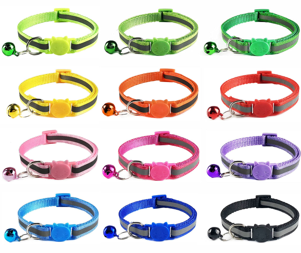 12 Pack Reflective Safety Quick Release Buckle Cat Kitten Pet Collar Breakaway With Bell Adjustable Large Hi Vis 20-34cm (Multi-colored) - PawsPlanet Australia