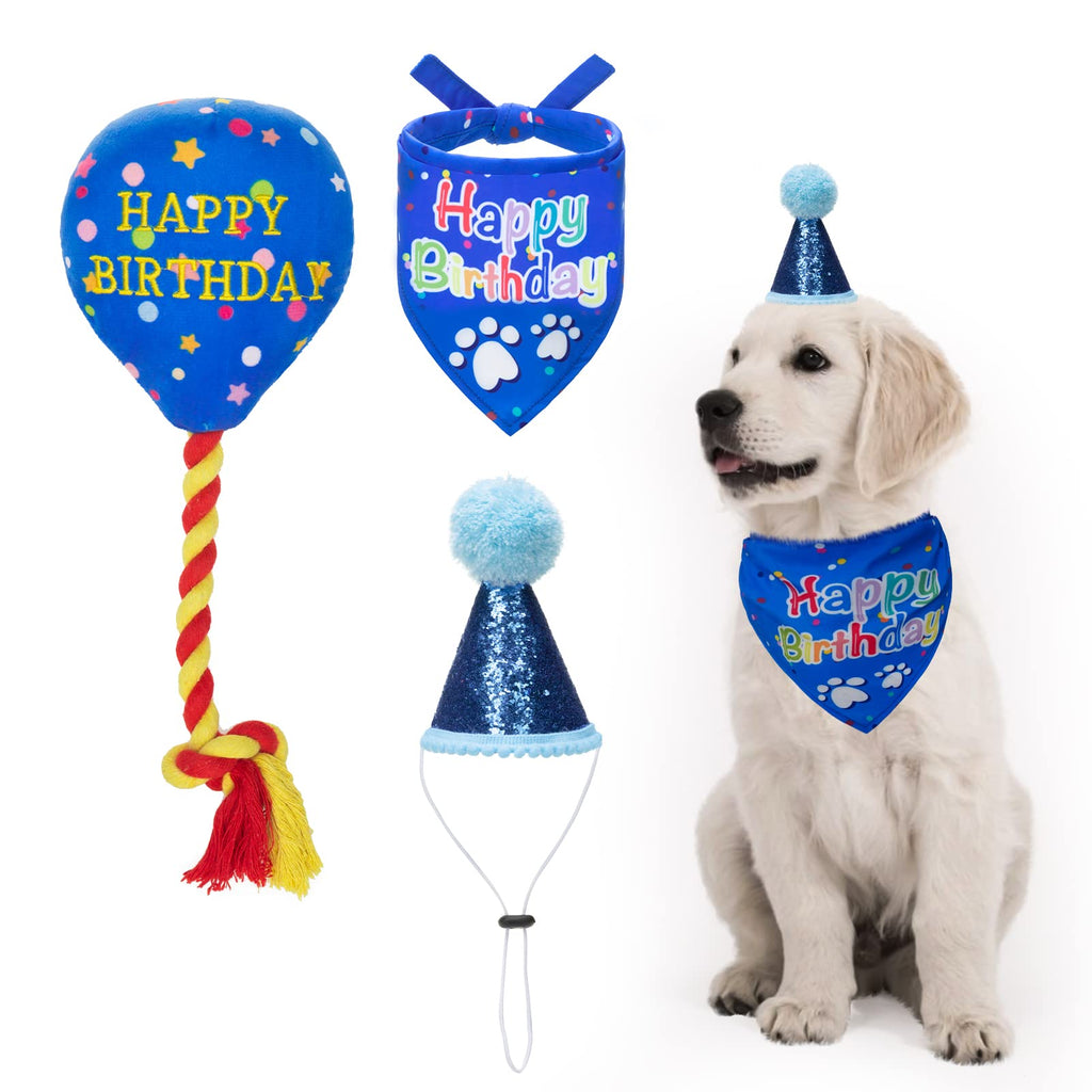 Dog Birthday Bandana Hat Balloon Plush Toy Set, Cute Pet Happy Birthday Accessory Puppy Chew Toy for Dogs Cats Puppies Deep Blue - PawsPlanet Australia