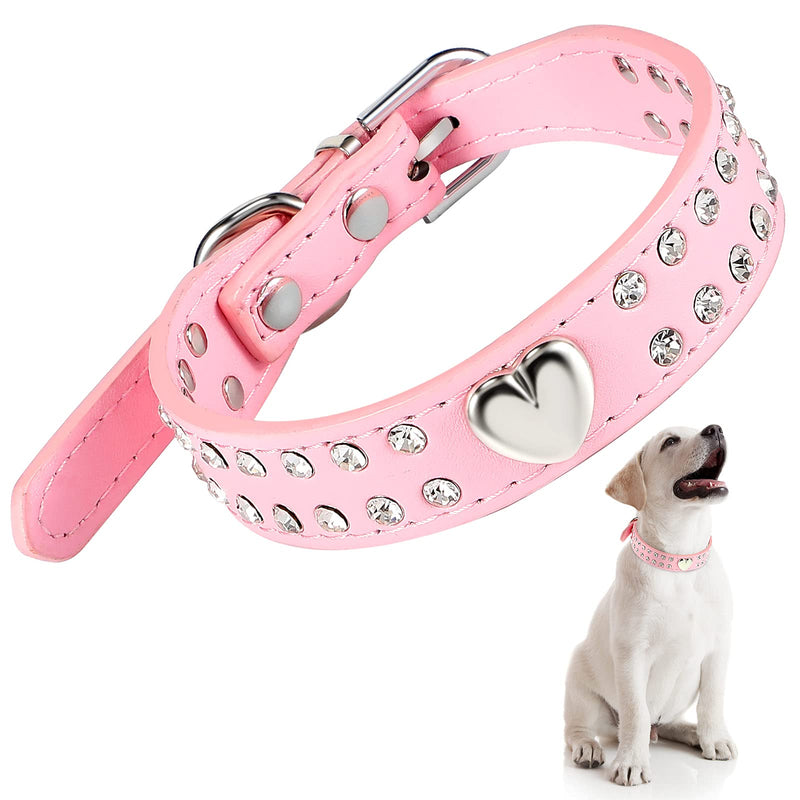 Crystal Dog Collar Rhinestone Pet Collar Bling Puppy Collar Heart Studded PU Leather Dog Collar Adjustable Pink Collar for Small and Medium Sized Dogs, S Size - PawsPlanet Australia