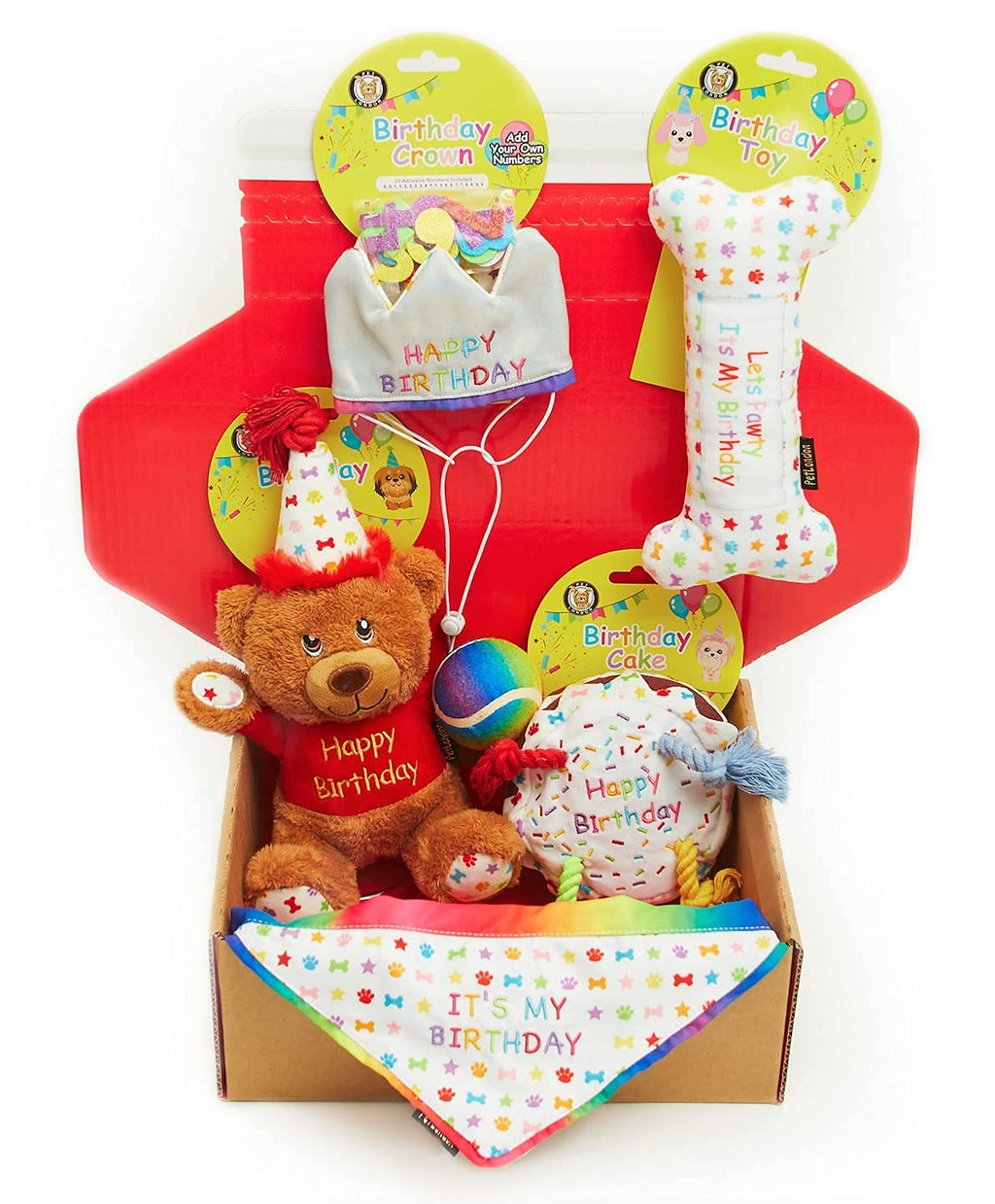 Dog Birthday Gift Box 6-Piece Hamper Present set, Perfect Dogs Happy Bday Celebration, includes Toys, Hat and Bandana (Small) Small - PawsPlanet Australia