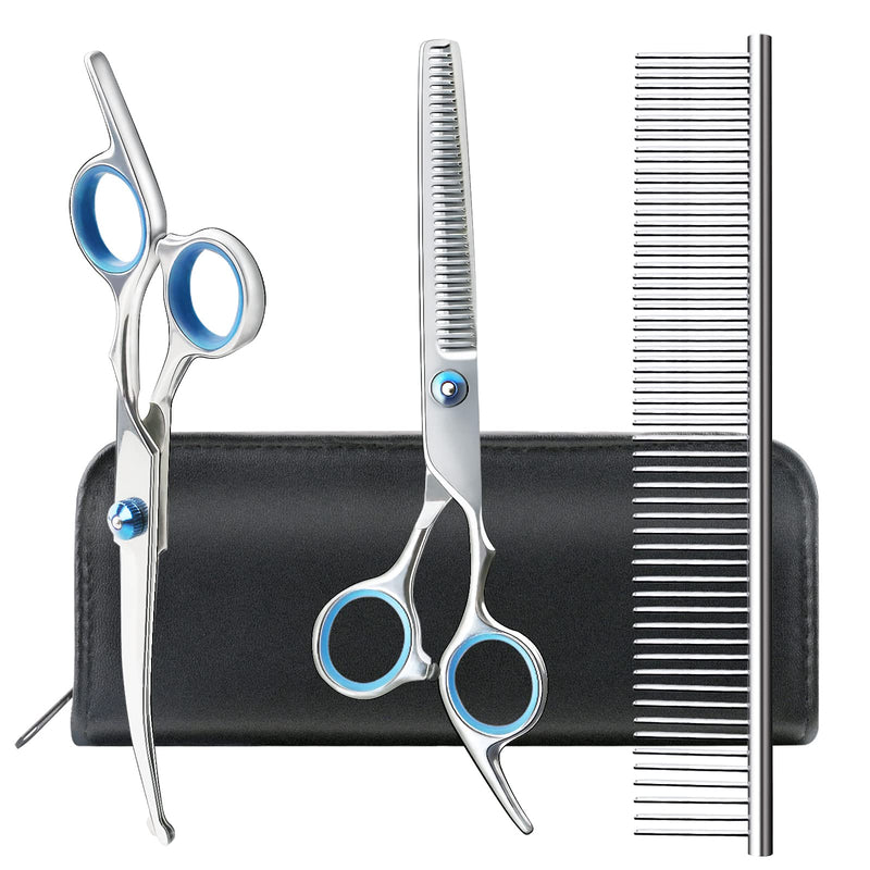 Soslina 7" Dog Grooming Scissors Kit with Safety Round Tips, Heavy Duty Titanium Stainless Steel, Professional Dogs Cats Pets Grooming Shears Set, Thinning Shears, Curved Scissors, Comb - PawsPlanet Australia