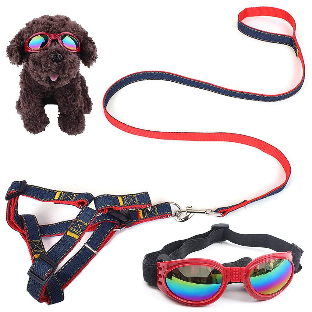 DBAILY Pet Sunglasses Dog Uv Protection Goggles + Dog harness Puppy Sunglass with Adjustable Strap Stylish Sun Glasses For Large Medium Small Dogs Pet Dog Cats - PawsPlanet Australia