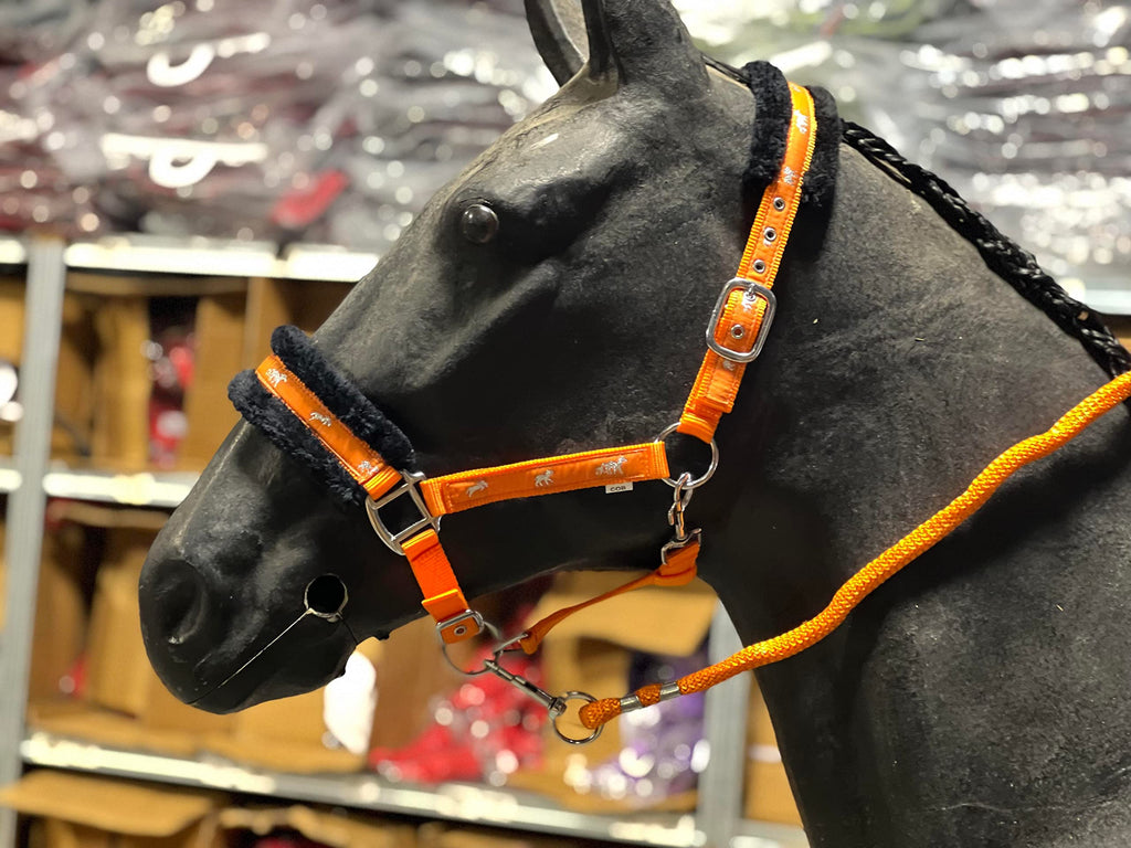 Equipride Horse Print Faux Lined Nylon Headcollars with Matching Lead Rope Orange (Full) Full - PawsPlanet Australia