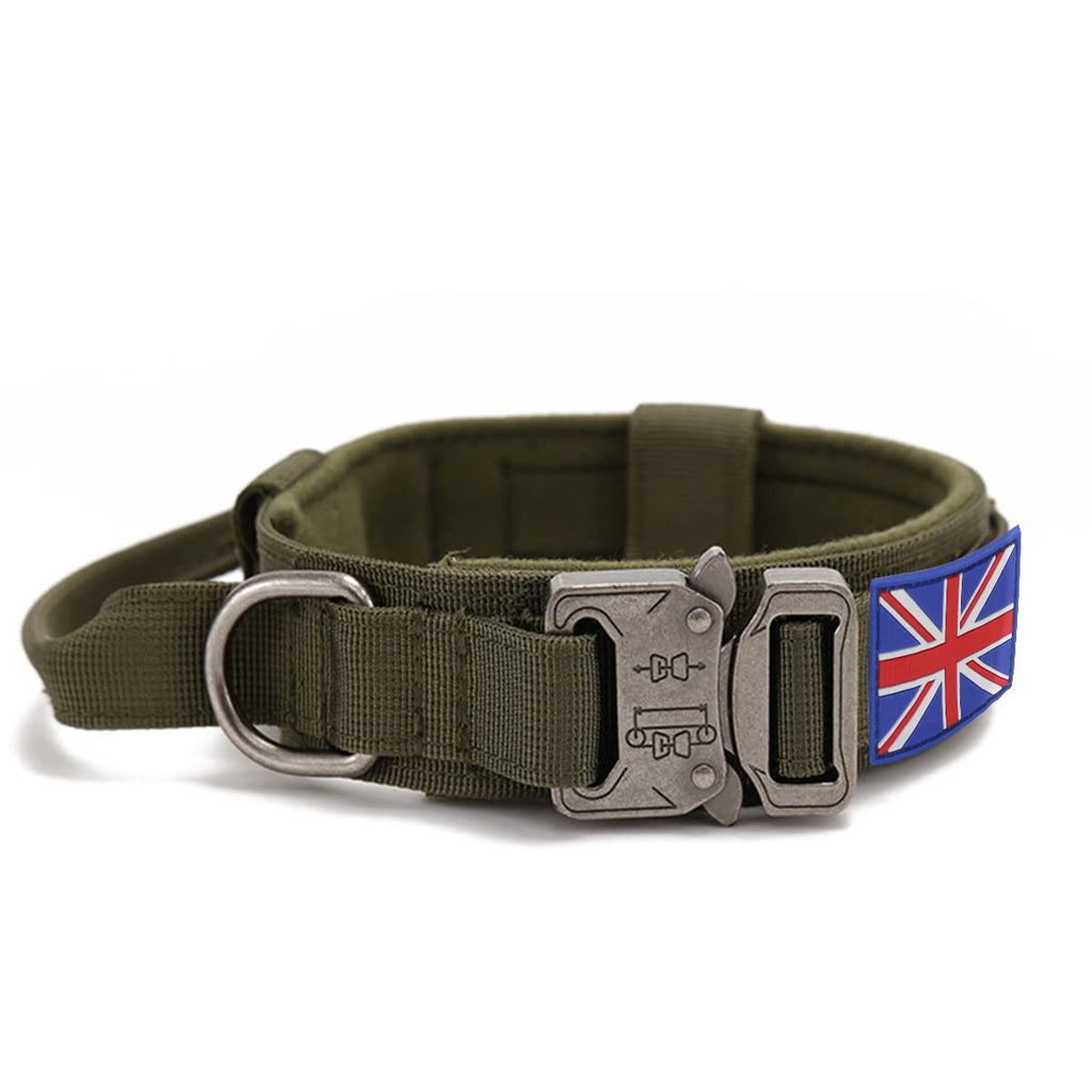 Tactical Dog Collar with UK United Kingdom Flag - YoothBro K9 Military Dog Collar Adjustable Nylon Dog Collar with Heavy Duty Metal Buckle for Medium Large Dogs M,Green ArmyGreen - PawsPlanet Australia