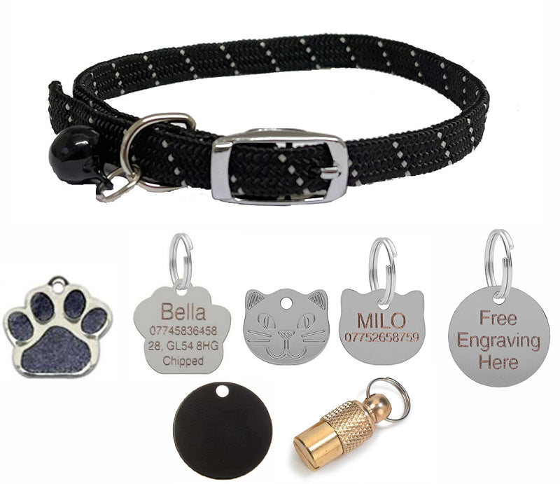 Cat / Kitten Reflective Softweave Collar with Safety Elastic, Bell with Optional Personalised Tag (Black, 22mm Anodised Tag) Black - PawsPlanet Australia