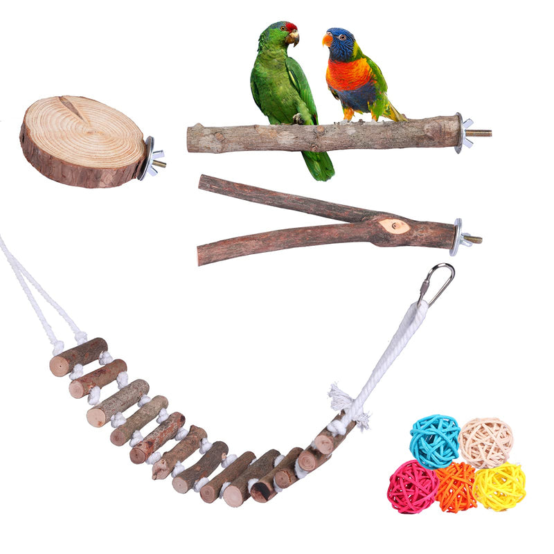 AYIYUN 9 Pack Bird Perch Stand Set,Bird Parrot Perches Cage Accessories,Natural Wood Parrot Stick Platform Rope Ladder Bird Toys for Pet Parakeet - PawsPlanet Australia