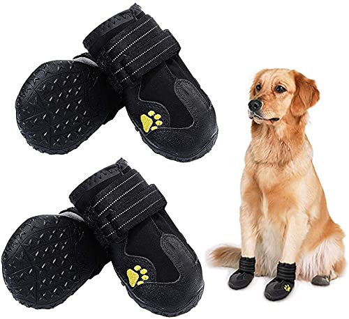 HuaTek Dog Shoes, Dog Boots, Waterproof Dog Boots, Dog Outdoor Shoes for Medium to Large Dogs with Two Reflective Fastening Straps and Rugged Anti-Slip Sole (Black 4PCS). Size 6: (2.95"x2.52")(L*W) for 52-65 lbs Black - PawsPlanet Australia