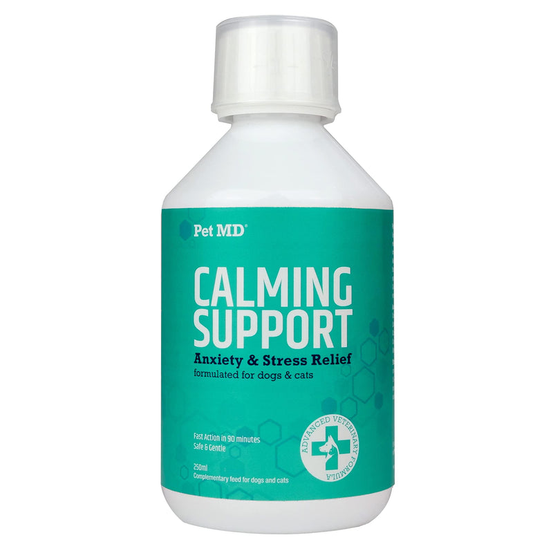 Pet MD Calming Support Cat & Dog Anxiety Relief Aid - Dog Stress and Anxiety Relief - Cat Relaxer Oil- Fireworks & Separation Anxiety Relief for Dogs - Caramel Flavour - 250mL - PawsPlanet Australia