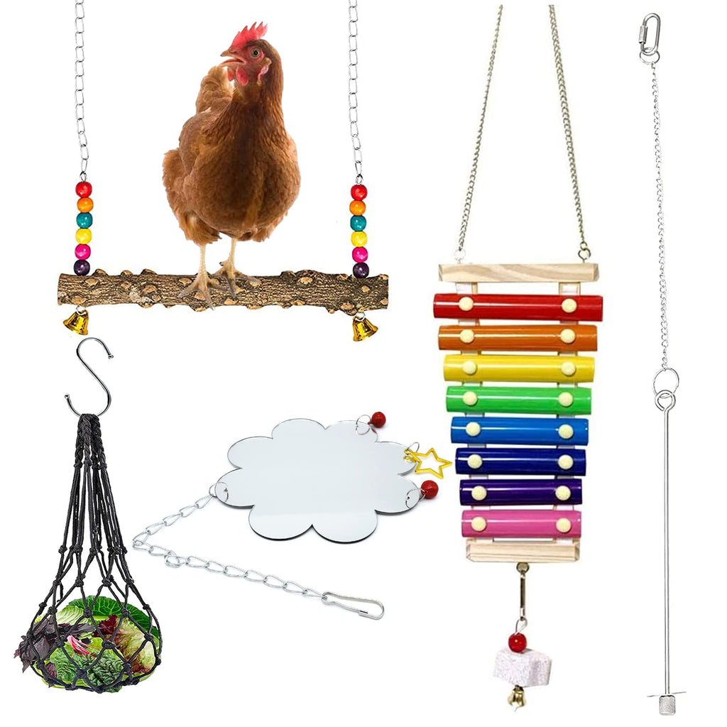 NA Allazone 5 PCS Chicken Toys for Hens Chicken, Colorful Chicken Swing Toys Swing Perch Stand, Chicken Vegetable Hanging Feeder, Chicken Mirror Toy with Bell for Chicks Hens Parrot Bird - PawsPlanet Australia