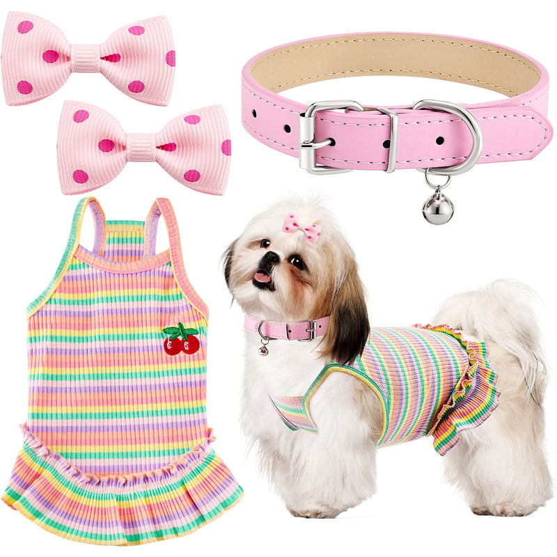 4 Pieces Dog Dress Set, Colorful Stripe Dog Dress with Collar, Pink Dot Hair Bow Clip, Cherry Printed Puppy Dress Spring Summer Pet Skirt Clothes Puppy Sundress Vest for Small Medium Dogs Cats (S) S - PawsPlanet Australia