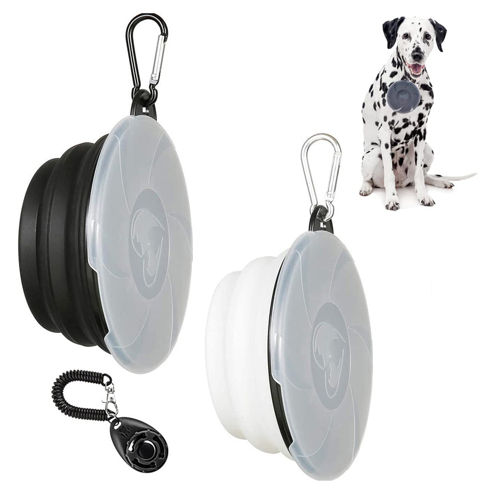 450ml Collapsible Dog Bowl,2 Pack Portable Travel Dog Bowl with Lids & Carabiners,Pet Feeding Watering Cup for Small Dogs Cats Travel Camping Walking,include free dog clicker(Black & White) - PawsPlanet Australia