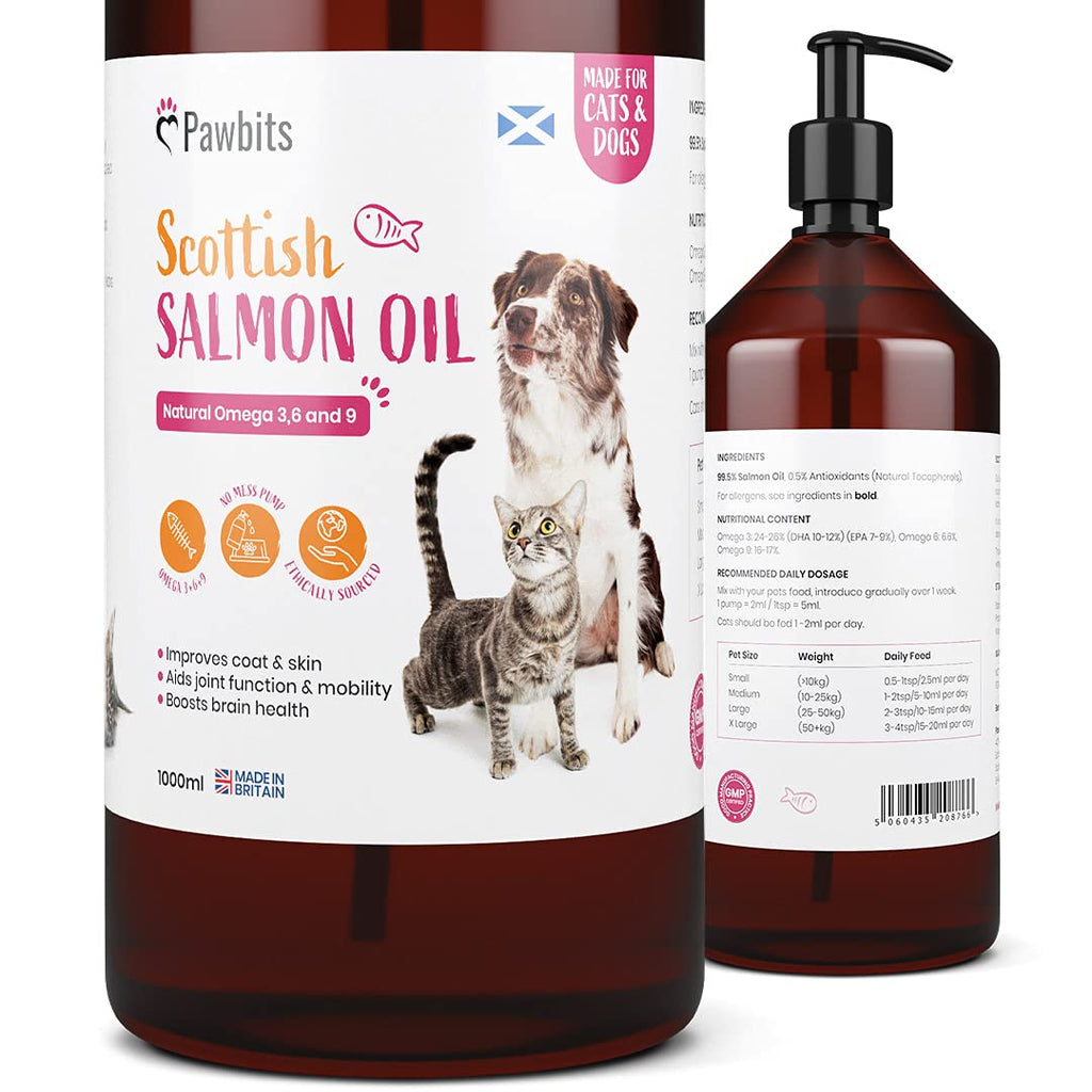 Pawbits 1 Litre Scottish Salmon Oil For Cats & Dogs - Natural Omega 3+6+9, Healthy Coat & Immune System Fish Oil 1 l (Pack of 1) - PawsPlanet Australia