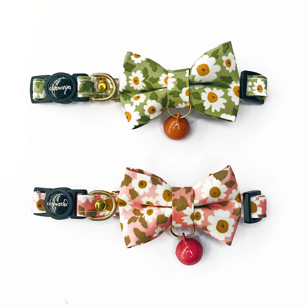 Cognatio Cat Collars with Bells and Safety Release Buckle, Floral Bow Tie Kitten Collars, Adjustable 20-30 cm, 2 Pack, Green+Pink - PawsPlanet Australia