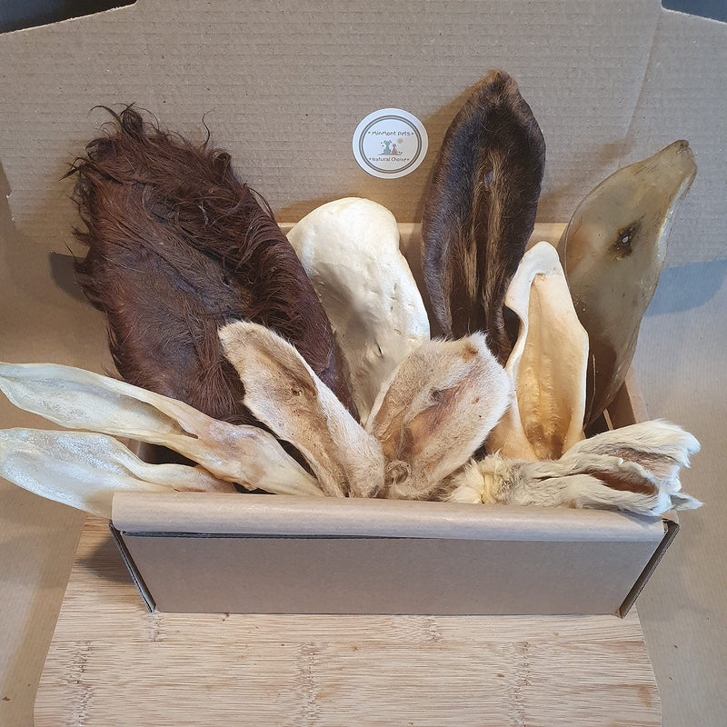 The Ear Lovers Natural Chew Box. Variety of Ears for Dogs That Love Ears! By MinMont Pets - Hairy Ears, plain Ears, Rabbit ears, Cow Ear, Goat ears, Buffalo ear, Lamb ears - PawsPlanet Australia