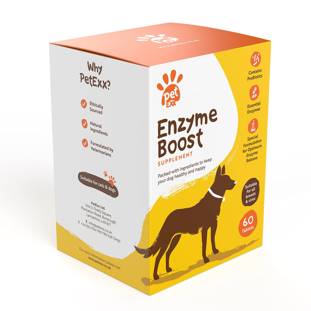 PetExx Enzyme Boost - pancreatic enzymes to aid digestion and skin allergies in cats and dogs with probiotic Vitamin B12 amylase protease and lipase - 30 capsules manufactured in the UK - PawsPlanet Australia