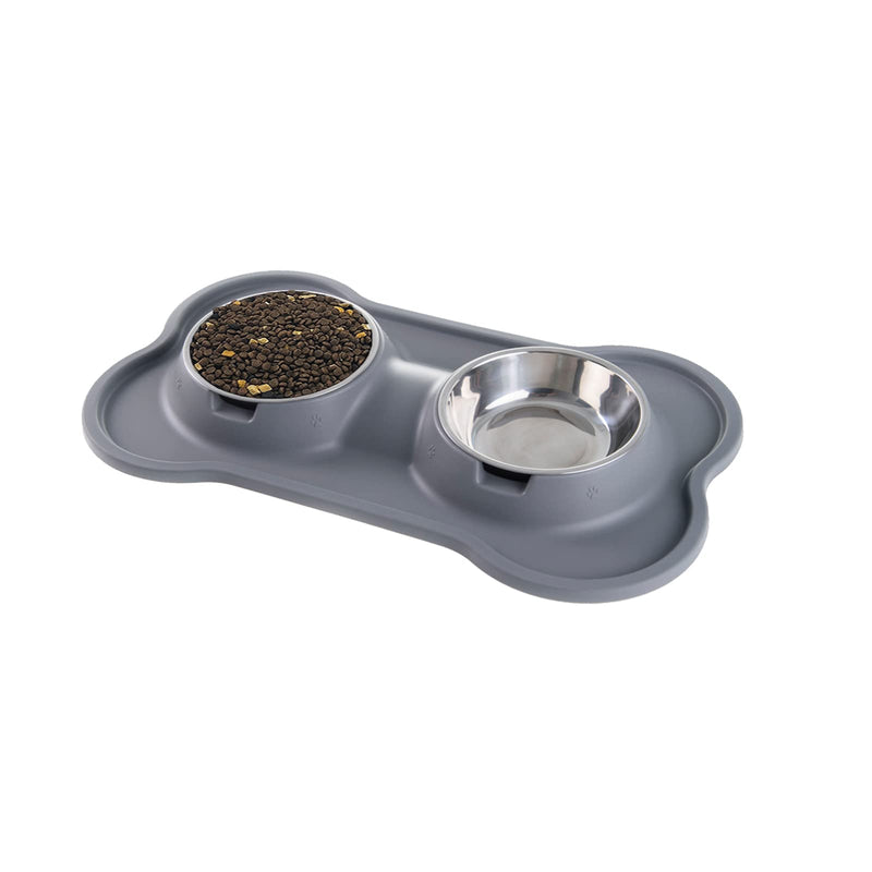 YOKA Newest Dog Bowls, Cat Bowl - Non Slip Stainless Steel Double Bowls with Non-Spill Silicone Mats Tray with Groove for Cats Dogs Puppies Food Water Feeding (M 14oz /400ml Each Bowl, Gray) - PawsPlanet Australia