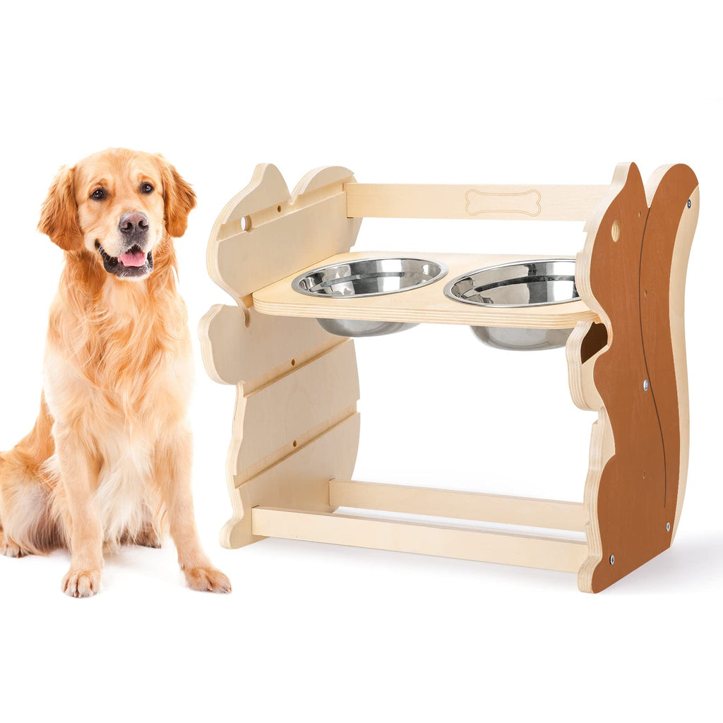 Woiworco Elevated Dog Bowls, 4 Height Adjustable Raised Dog Bowl Stand for Large Dog, Wooden Elevated Dog Bowls Feeder Stand with 2 Stainless Steel Bowls and Anti Slip Feet - PawsPlanet Australia