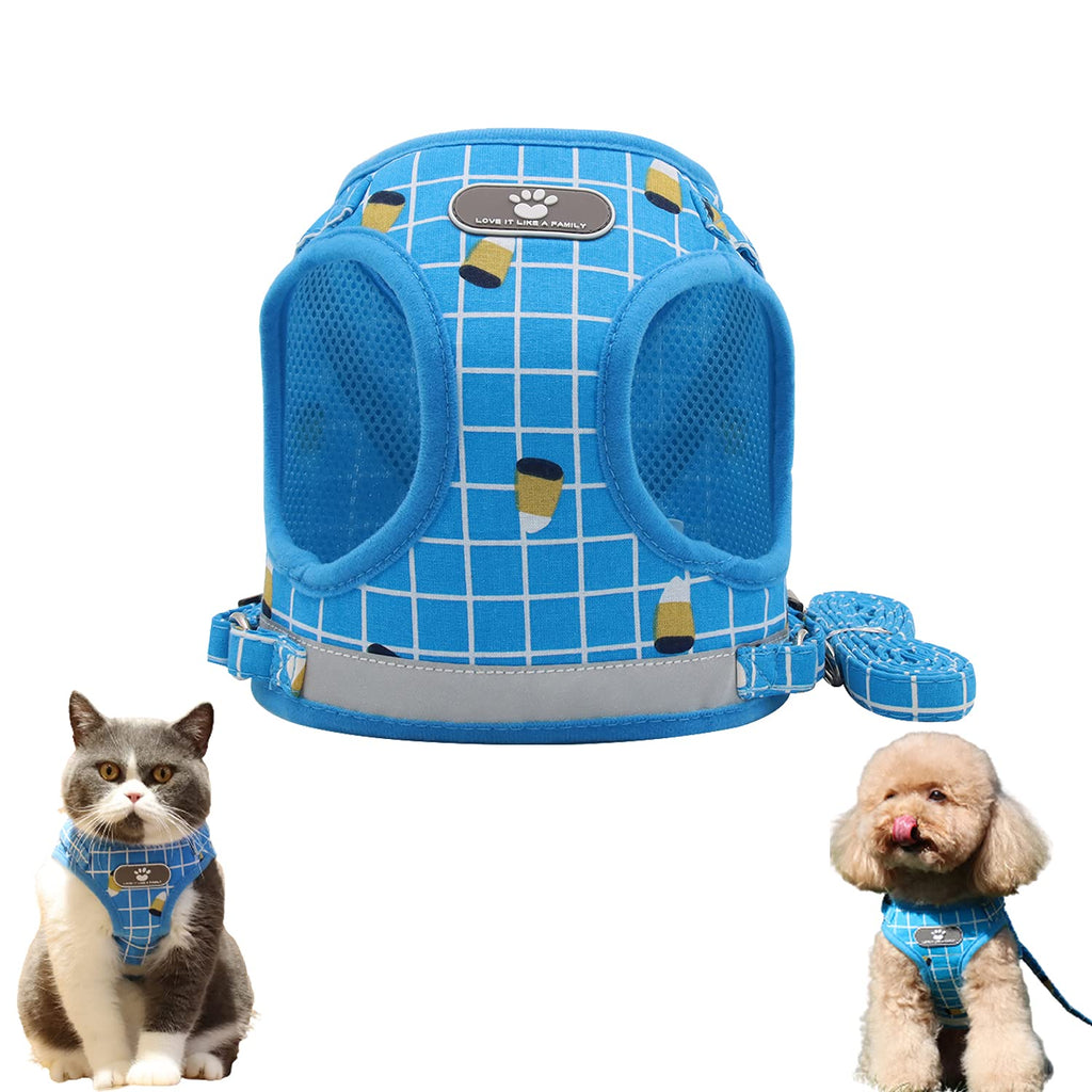 Tineer Pet Breathable Soft Mesh Harness Vest Reflective Plaid Padding Vest Training Dog Harness and Leash Set Easy Fit for Puppy and Medium Dogs (XS, Blue) XS - PawsPlanet Australia