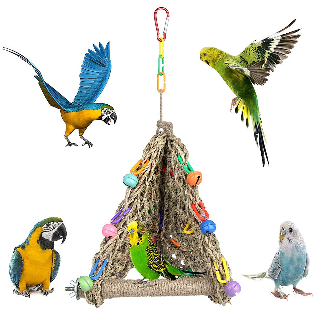 Bird Seagrass Woven Climbing Hammock Parrot Nest Hut Tent Perches Stand Pole Ladder Foraging Wall with Bell for Cockatiel Cage Accessories (Set-A) Set-A - PawsPlanet Australia