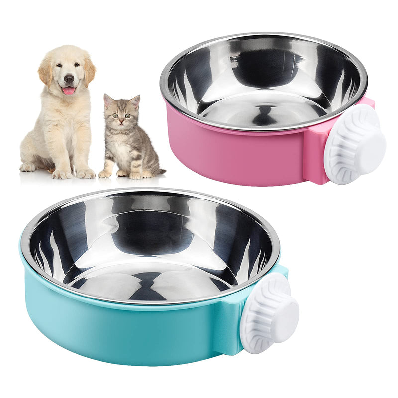 2 Pcs Pet Crate Water Bowl 2 IN 1 Pet Hanging Bowl Removable Stainless Steel Dog Bowls, Large Capacity Cat Feeding Bowls with Bolt Holder for Cats and Dogs and Other Small Animals - Blue, Pink - PawsPlanet Australia