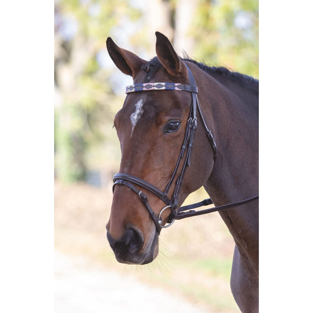 Shires Blenheim Leather Polo Browband - Pink/Natural/Navy Cob - PawsPlanet Australia