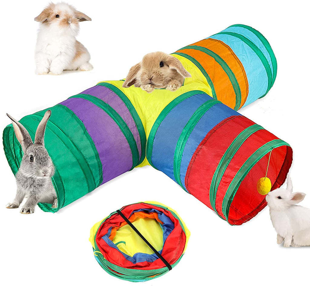 HYLYUN Bunny Tunnels & Tubes Collapsible 3 Way Bunny Hideout Small Animal Activity Tunnel Toys for Dwarf Rabbits Bunny Guinea Pigs Kitty - PawsPlanet Australia