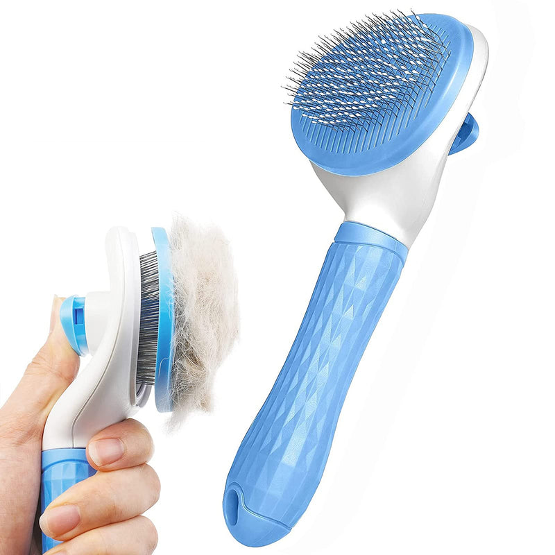 Dog Brush Cat Brush Grooming Comb,Self Cleaning Cat Dog Slicker Brushes with Smooth handle,Pet Grooming Tool with Cleaning Button for Cat Dog Shedding Tools Cat Dog Massage Clean Tangled Brush (Blue) Blue - PawsPlanet Australia