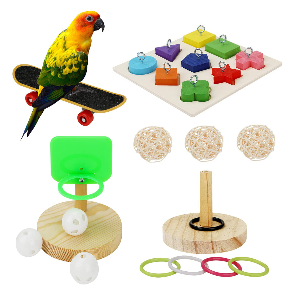Aceshop Bird Parrot Toys 5 Pieces Parakeet Toys Interactive Bird Training Toy Set with Wooden Block, Basketball Toy, Mini Skateboard, Colorful Stacking Rings and Small Sepak Takraw for Parrots Birds - PawsPlanet Australia