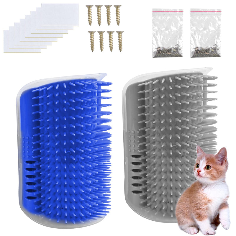 Pinsheng Cat Self Groomer, 2 Pack Wall Corner Massage Comb with Catnip Pouch, Grooming Comb Brush Massage Tool for Cats with Long and Short Fur(Blue&Gray) - PawsPlanet Australia