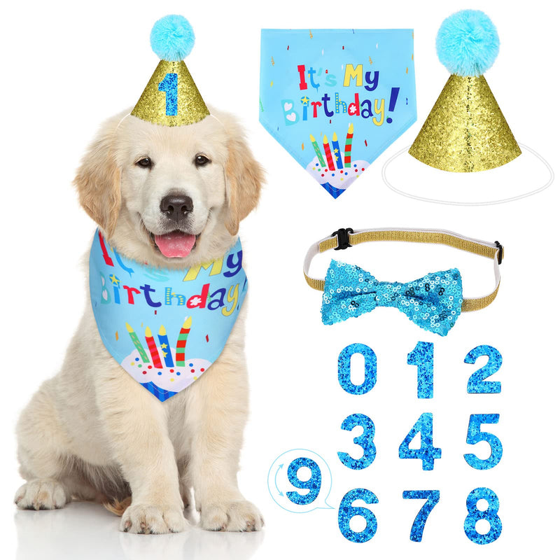 4 pieces Dog Birthday Hat, Cute Bow Tie Scarf Dog Birthday Bandana with Birthday Numbers Dog Party Hat Kit for Dog or Puppy Birthday Decor (Blue) Blue - PawsPlanet Australia