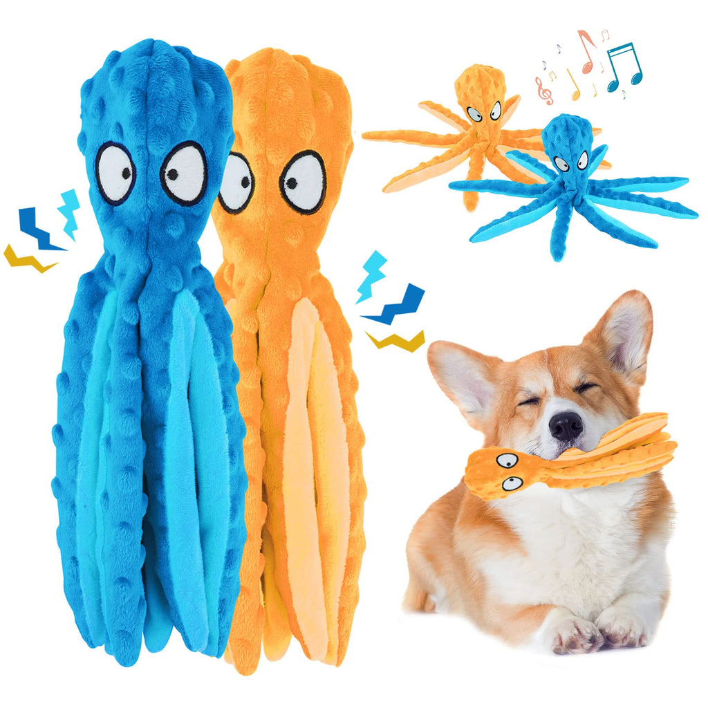 2 Pcs Dog Squeaky Toys,No Stuffing Dog Plush Toys Octopus Dog Cleaning Teeth Chew Toys with Crinkle Paper Squeaky Interactive Dog Toys Durable Interactive Dog Chew Toys for Dogs Orange,Blue - PawsPlanet Australia